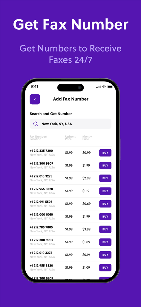 FAX ® - Uma interface móvel para escolher e comprar um número de fax local de Nova York com opções de preço inicial e mensal.