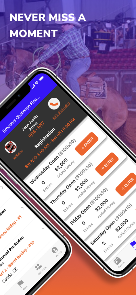 Smartphone displaying the NextGenRodeo app interface with open rodeo event entries and registration details