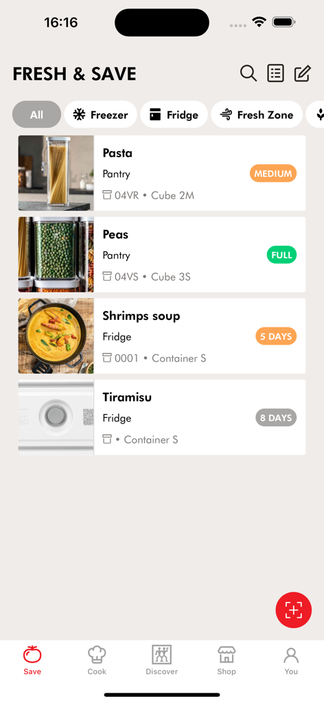 ZWILLING App - ZWILLING App interface showing a list of stored food with freshness indicators