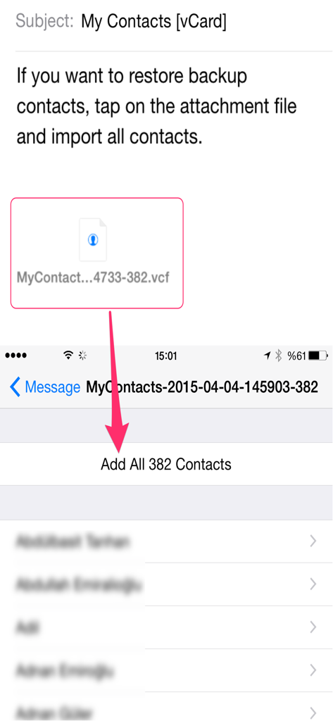 Tutorial screen showing how to restore contacts from a vCard email attachment on iPhone