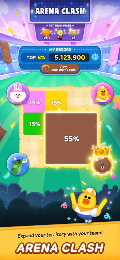 LINE Bubble 2 - Capture d'écran du mode Arena Clash de LINE Bubble 2 montrant les pourcentages de territoire et le classement des équipes