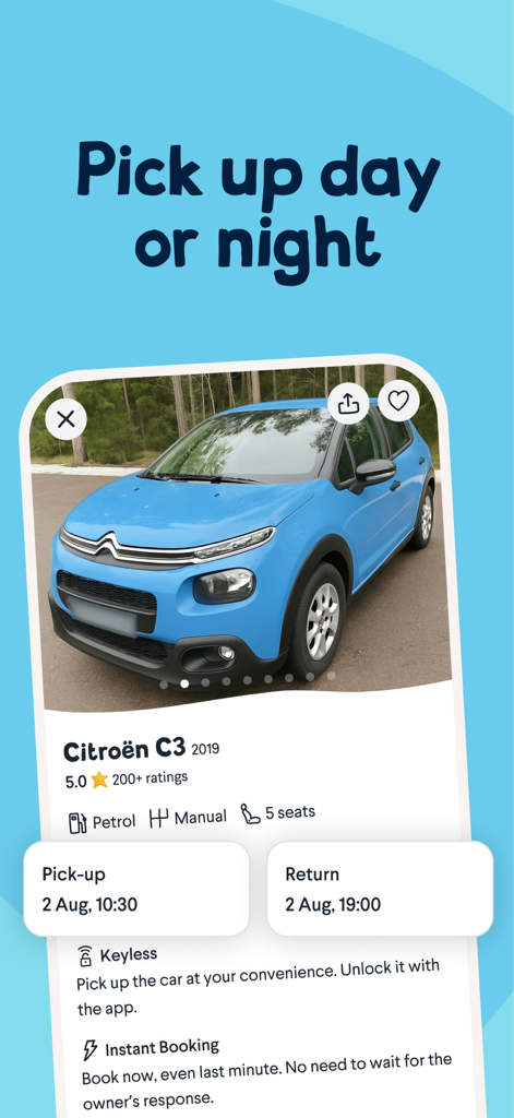 GoMore | Car rental - GoMore app interface showing a blue Citroen C3 car listing with keyless technology and instant booking features