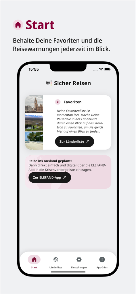 Schermata principale dell'app Sicher Reisen che mostra avvisi di viaggio e destinazioni preferite