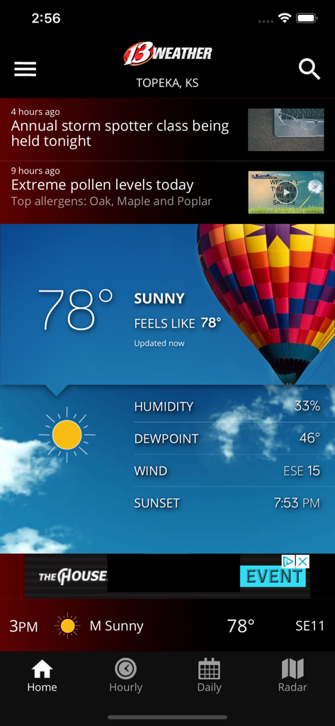 Interface of the WIBW 13 Weather app showing current sunny conditions and 78 degrees in Topeka Kansas