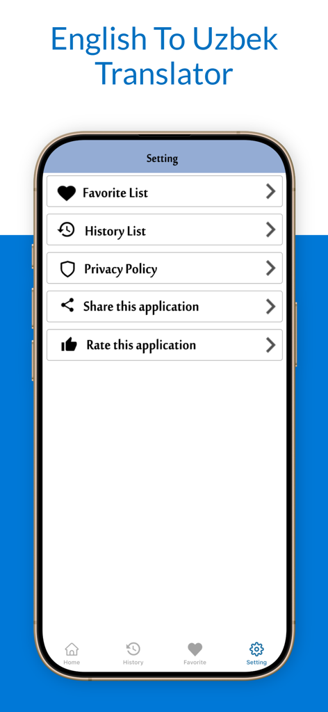 English To Uzbek Translation - O menu de configurações do aplicativo móvel de Tradução de Inglês para Uzbeque