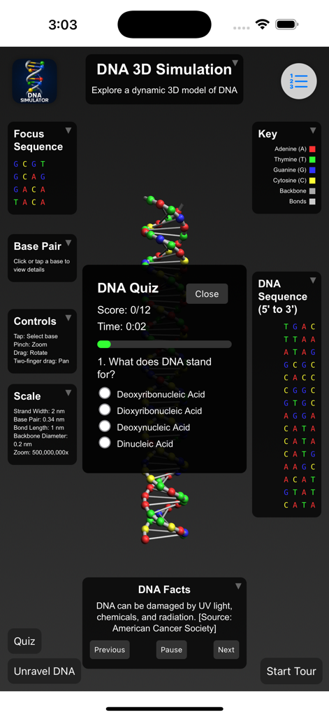 Una interfaz de simulación de ADN en 3D con un cuestionario interactivo de biología y un panel de hechos científicos.