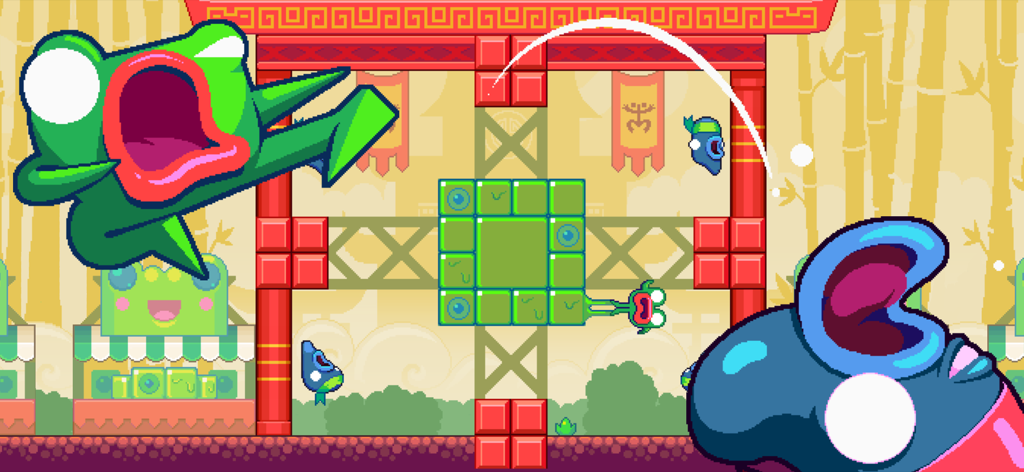 Green Ninja: Year of the Frog - A green frog character performing a kung fu kick against ninja enemies in a colorful pixel art level