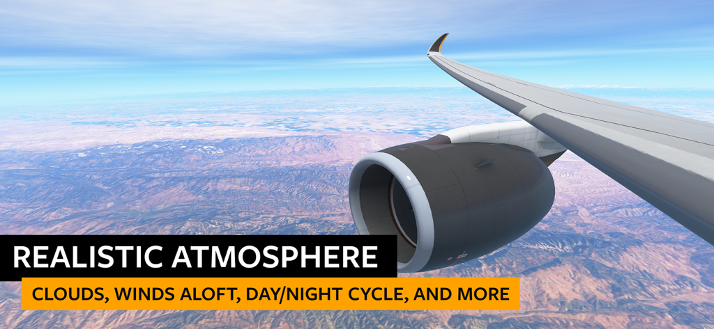 Vista del ala y motor de un avión volando sobre montañas con iluminación atmosférica realista