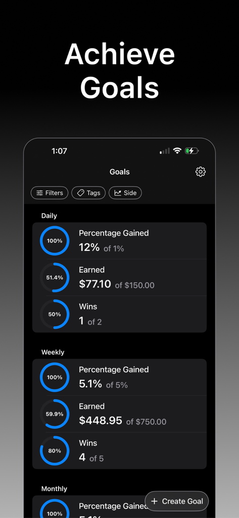 Trading Journal - Track Trades - Trading Journal app interface showing daily and weekly goals for earnings and win percentage