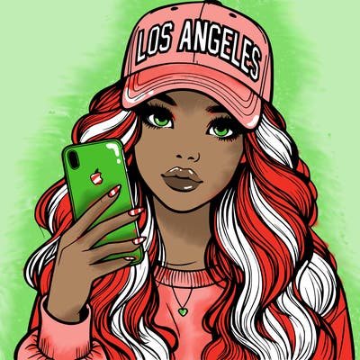realistic beautiful girl wearing los ángeles cap holding an iphone