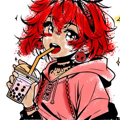 hot baddie anime girl drinking boba and biting the straw