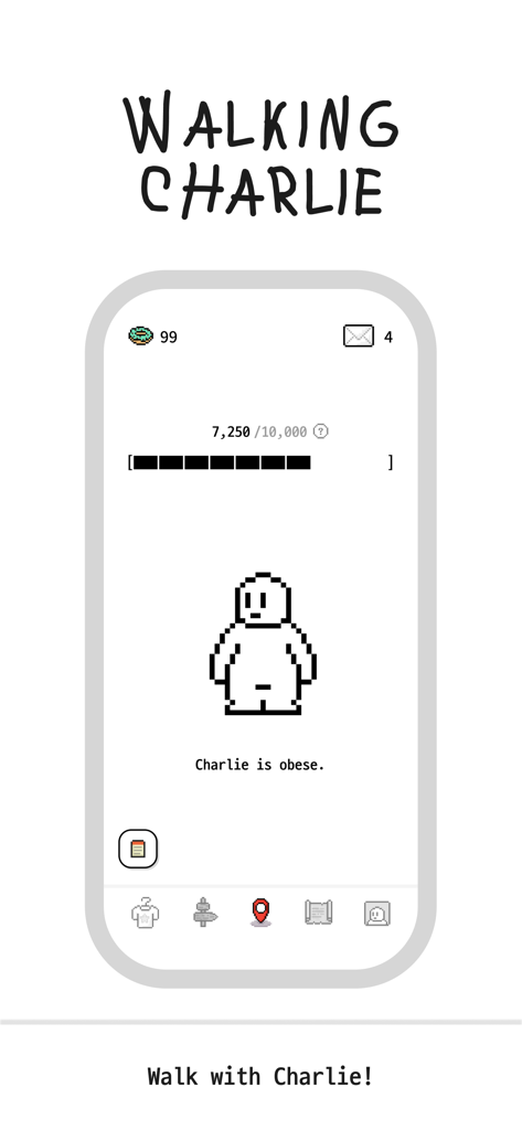 A screenshot of the Charlie Walking app showing a pixel art character and a daily step goal of 7250 out of 10000 steps