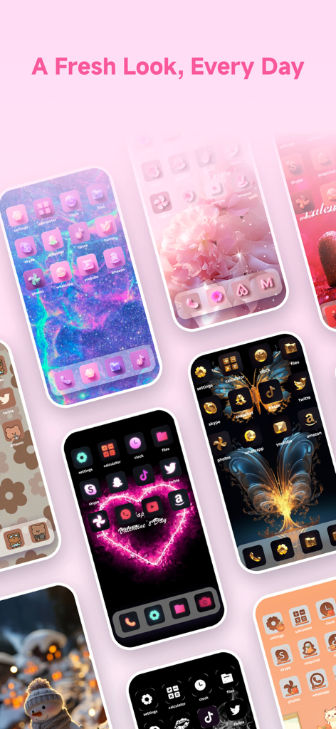 Collection of aesthetic iPhone home screen themes with custom icons and matching wallpapers.