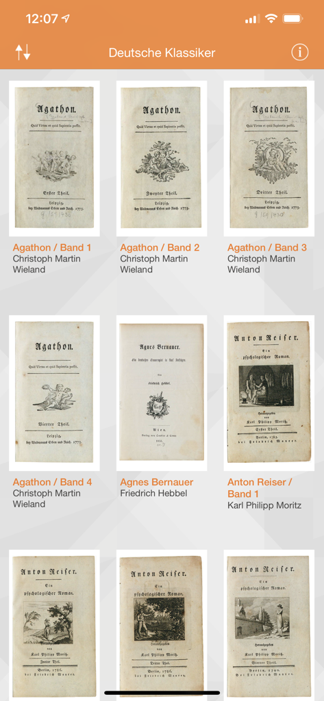 Deutsche Klassiker - Digital gallery showing scans of historical German first edition book covers in the Deutsche Klassiker app.