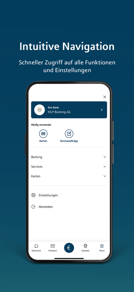 MLP Banking - Die MLP Banking App-Oberfläche, die ein intuitives Navigationsmenü mit schnellem Zugriff auf Einstellungen und Kontofunktionen anzeigt