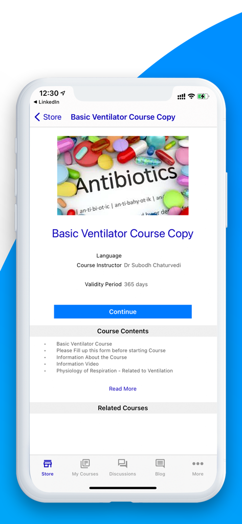 Clinical Guruji - A smartphone screen showing the Clinical Guruji app course page for ventilator training with details on instructor and course contents