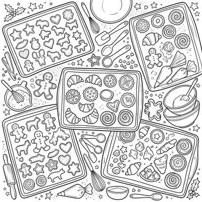 Explore a delightful kitchen scene with our Baking Sheets & Cookie Pans coloring page, brimming with various cookies, pastries, and essential baking tools. It’s the perfect canvas for anyone who loves the joy of baking and creative coloring.