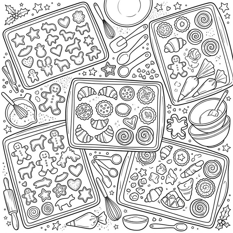 Explore a delightful kitchen scene with our Baking Sheets & Cookie Pans coloring page, brimming with various cookies, pastries, and essential baking tools. It’s the perfect canvas for anyone who loves the joy of baking and creative coloring.