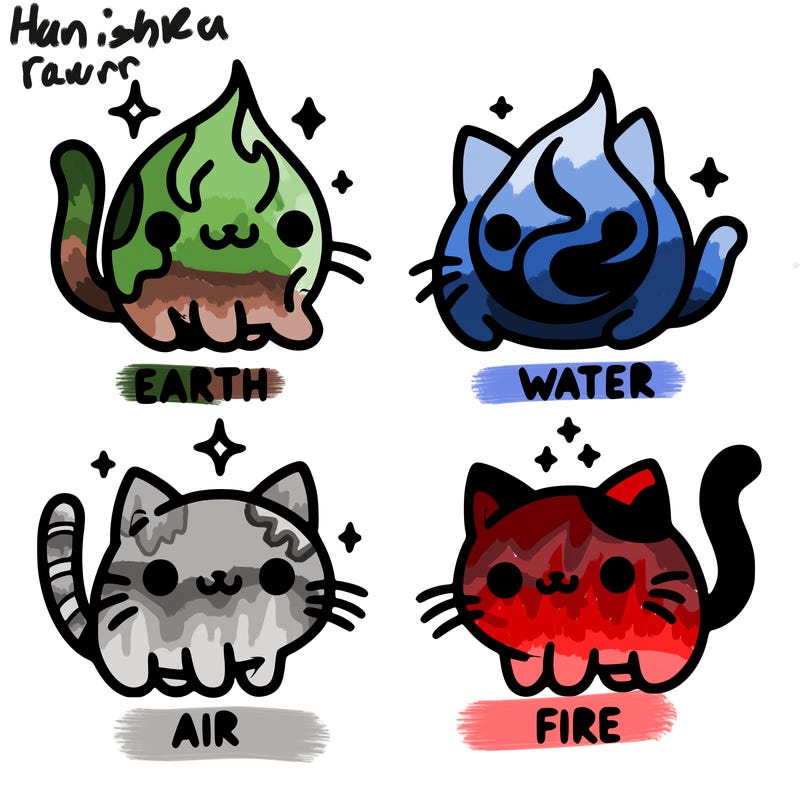 4 cats that represent the different elements, earth, water, air, and fire