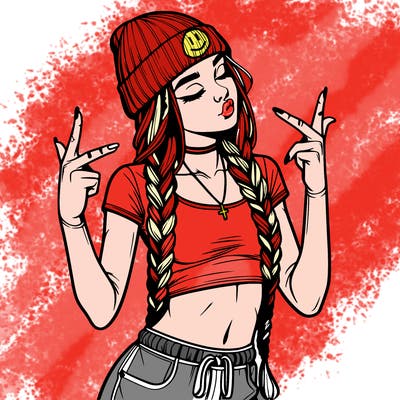 realistic teenage girl with braids and a beanie and crop top doing 🫶🏼