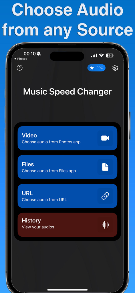Music Speed Changer・Audio - Music Speed Changer app screen showing options to choose audio from video, files, URL, or history.