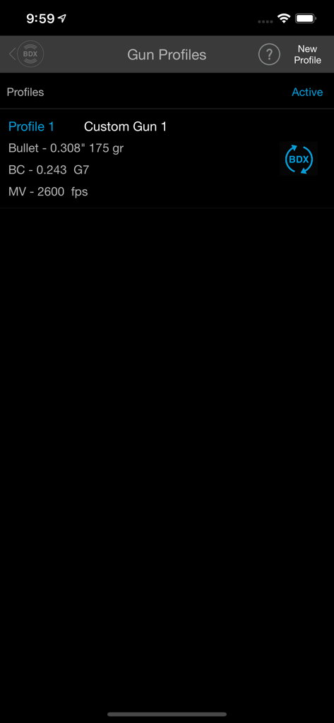 SIG BDX app gun profiles menu showing custom gun settings with ballistic data for bullet weight and muzzle velocity