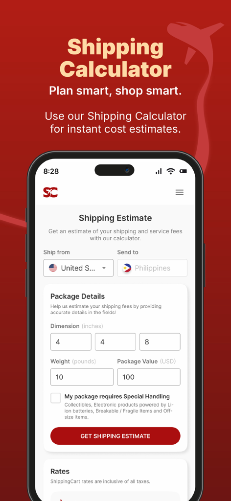 Shipping calculator tool in the ShippingCart app for estimating delivery costs from the USA to the Philippines