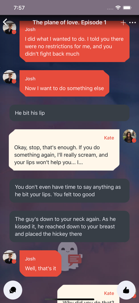 Interactive romantic chat story interface in the MistoryLite app showing a dialogue between two characters