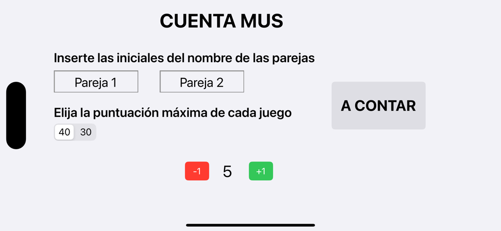 Cuenta Mus - Pantalla de configuración para la aplicación Cuenta Mus mostrando nombres de equipo y selección del límite de puntos
