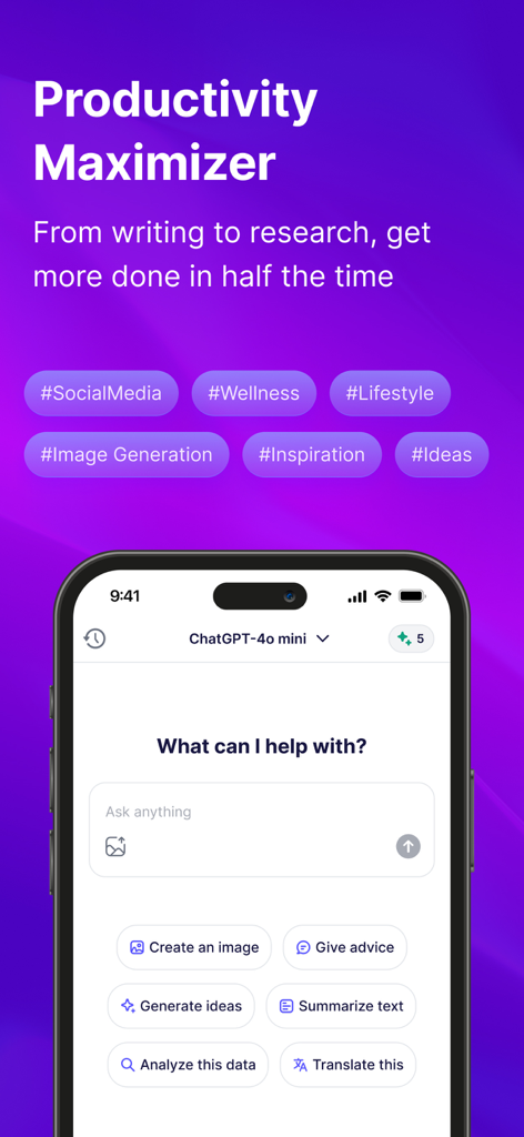 Benutzeroberfläche der mobilen Coursiv-App, die KI-Tools für Produktivität zeigt, einschließlich Bilderzeugung und Textanalyse