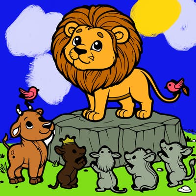a lion standing on a rock with animals bowing to him