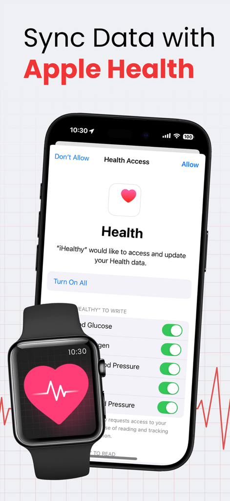 iHealthy: Health Partners - Aplicación iHealthy sincronizando datos de salud con Apple Health en iPhone y Apple Watch.