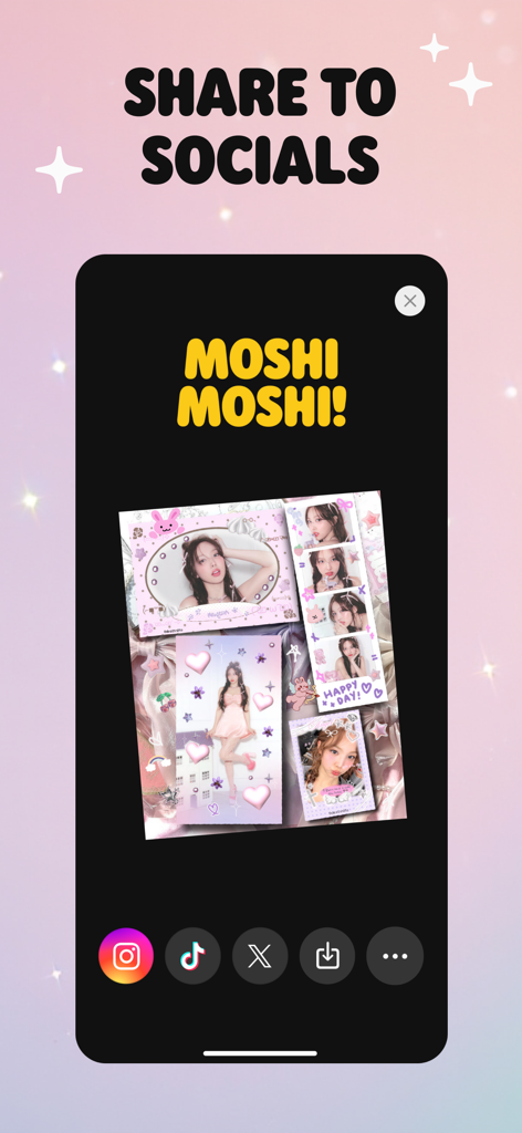 Moshicam Photo Editor & Frames - Écran de l'application Moshicam pour partager des collages photo esthétiques avec de jolis cadres et autocollants sur les réseaux sociaux