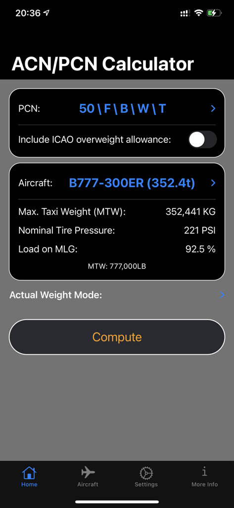 ACN PCN Calculator app interface showing pavement strength data for a Boeing 777