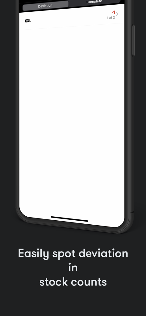 Interface do FrontZapp mostrando um desvio de inventário negativo de um para o tamanho XXL