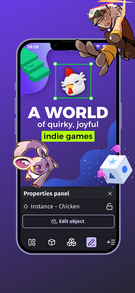 GDevelop - Create & Play Games - A mobile interface for the GDevelop app showing a chicken character being edited within a game development environment with the text A world of quirky joyful indie games.