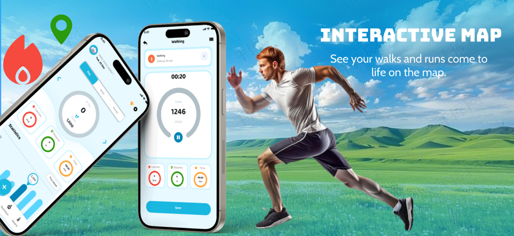 Step Counter: Daily Walking - The Step Counter app interface featuring daily activity stats and an interactive map.