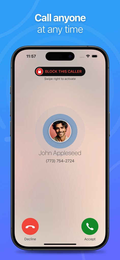 Talkatone app incoming call screen showing a contact name and a block caller option