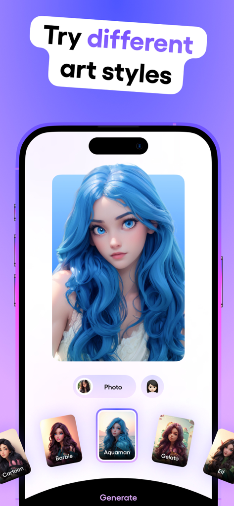 Interfaz de la aplicación Cartoon Yourself mostrando diferentes estilos de arte IA con un avatar de personaje de pelo azul