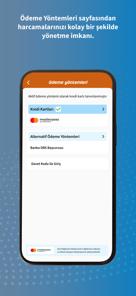 Mobile App-Oberfläche, die Zahlungsarten für Flottenkraftstoff mit Kreditkarten- und Masterpass-Optionen anzeigt.
