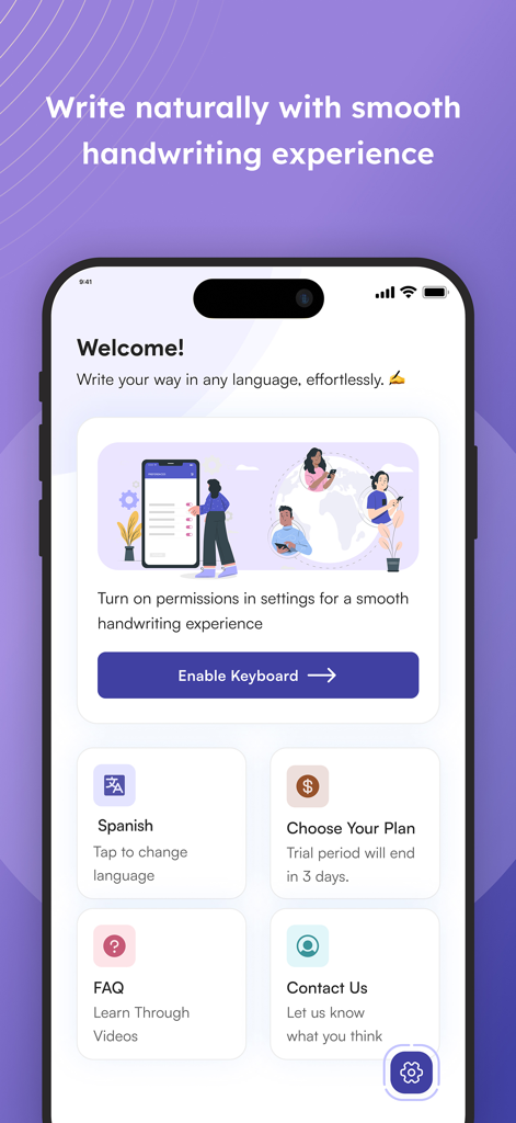 Handwriting Keyboard ™ - The welcome screen of the Handwriting Keyboard app with a button to enable the keyboard and options to change language or view plans.