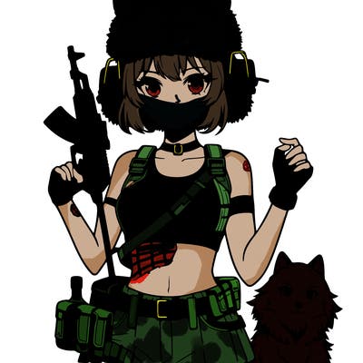 anime girl with crop top and gun with a wolf ushanka