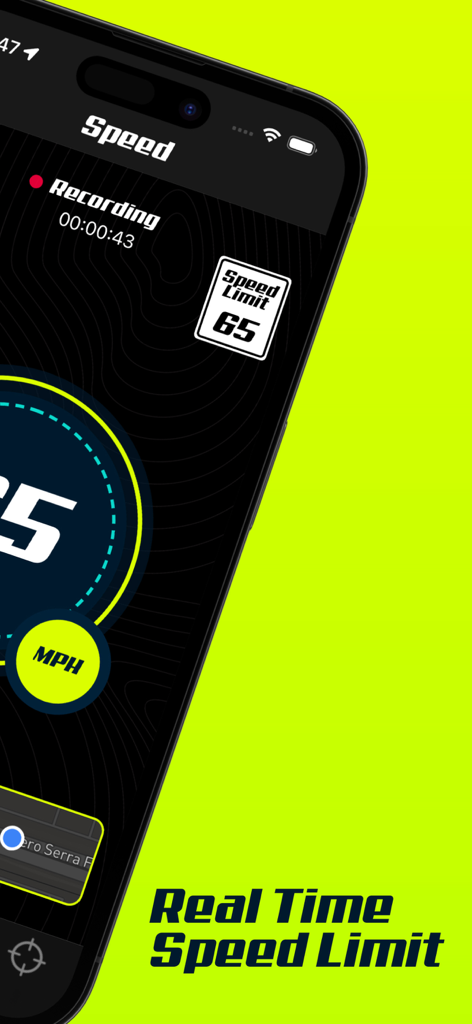 Bolt Speed: speedometer - Bolt Speed App-Oberfläche mit Echtzeit-Tempolimit und aktueller Fahrgeschwindigkeit