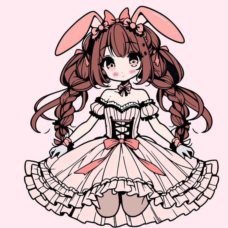 anime girl with bunny, ears in beautiful dress and pigtails