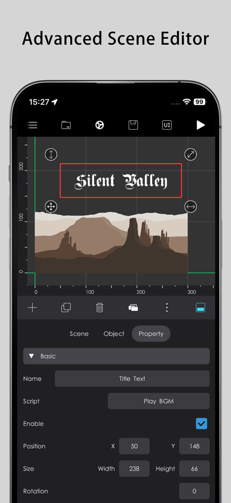 Game Maker Go - Mobile screen showing the advanced scene editor in Game Maker Go with a 2D landscape design and object properties