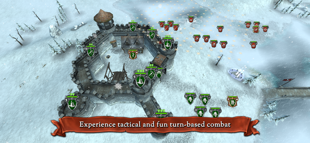 Turn based strategy combat on a hex grid in a snowy landscape with a medieval castle