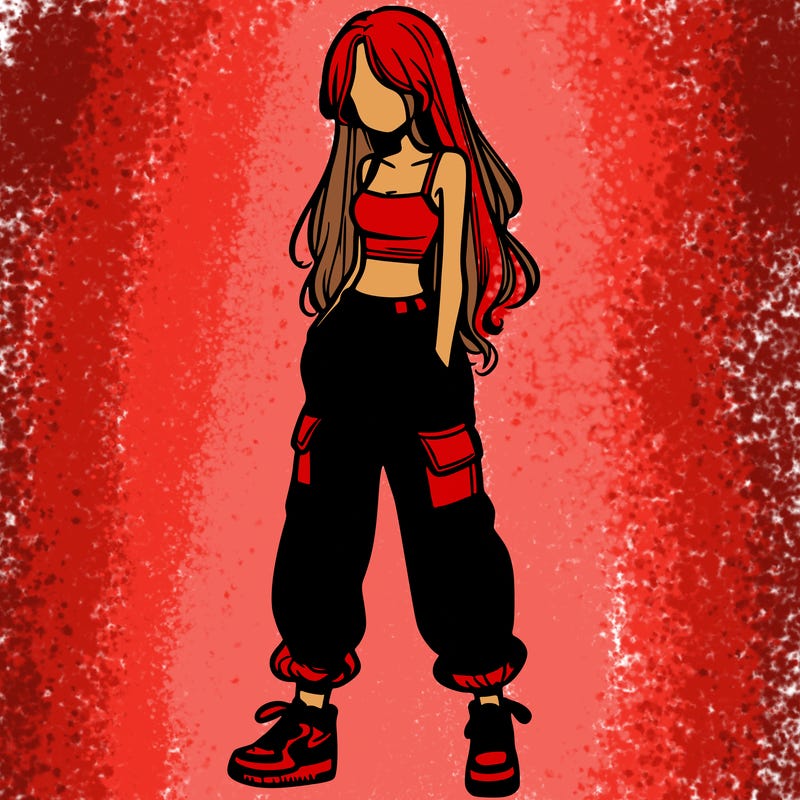 girl in baggy pants crop top and long hair