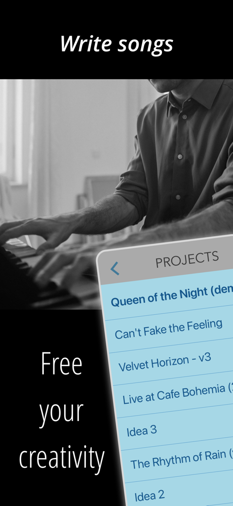 StudioMini - Music Recorder - A musician playing piano with the StudioMini app project list showing song ideas and recorded tracks.