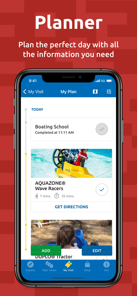 LEGOLAND® Florida Resort - LEGOLANDフロリダリゾートアプリのインターフェイス、パーク訪問者向けのデイリーアクティビティプランナーを表示