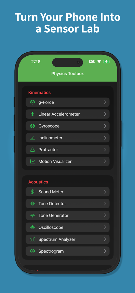Menú principal de Physics Toolbox Sensor Suite en un iPhone mostrando herramientas de medición cinemática y acústica